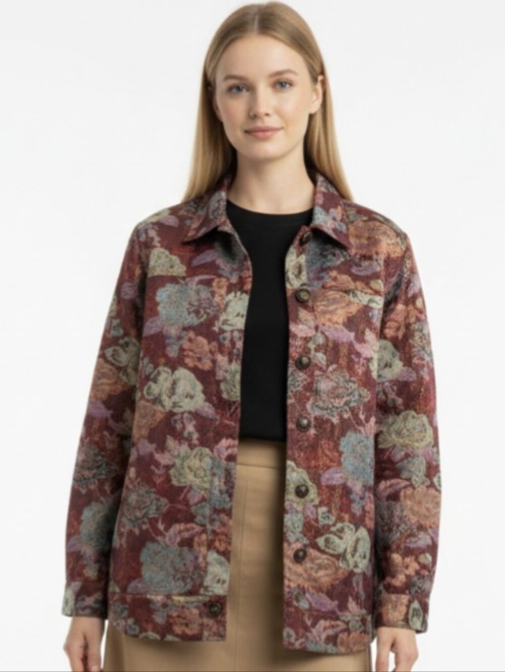 NWOT! BEDFORD FAIR! TAPESTRY STYLE FLORAL "JEAN JACKET", RED W/PASTELS! SZ XL
